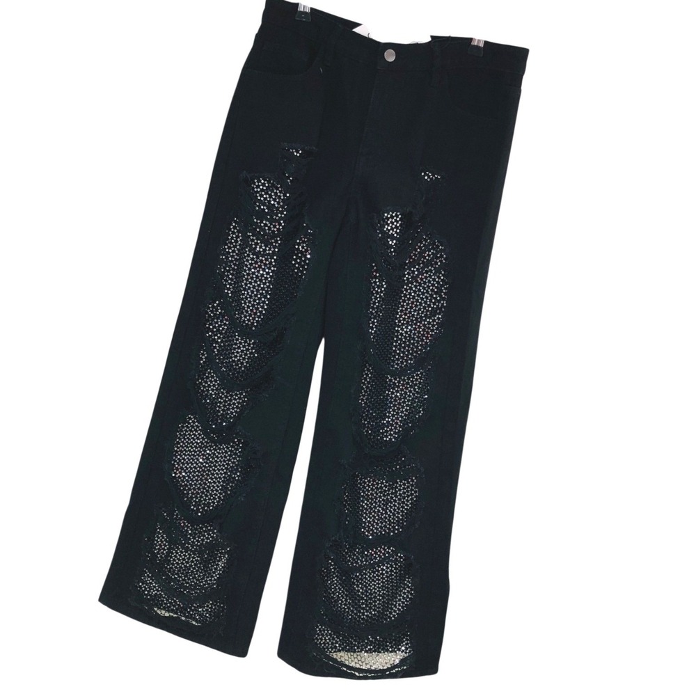 NWT Cider Blk Lo Rise Ripped See-Thru Wide Leg Jeans Goth Grunge Street Womens M